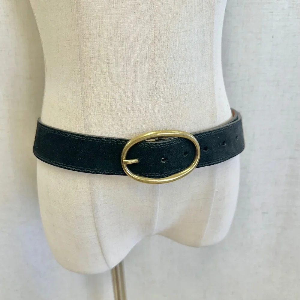 Lauren‎ Ralph Lauren Black Suede Leather Belt Gold Oval Buckle Large 9101572-001